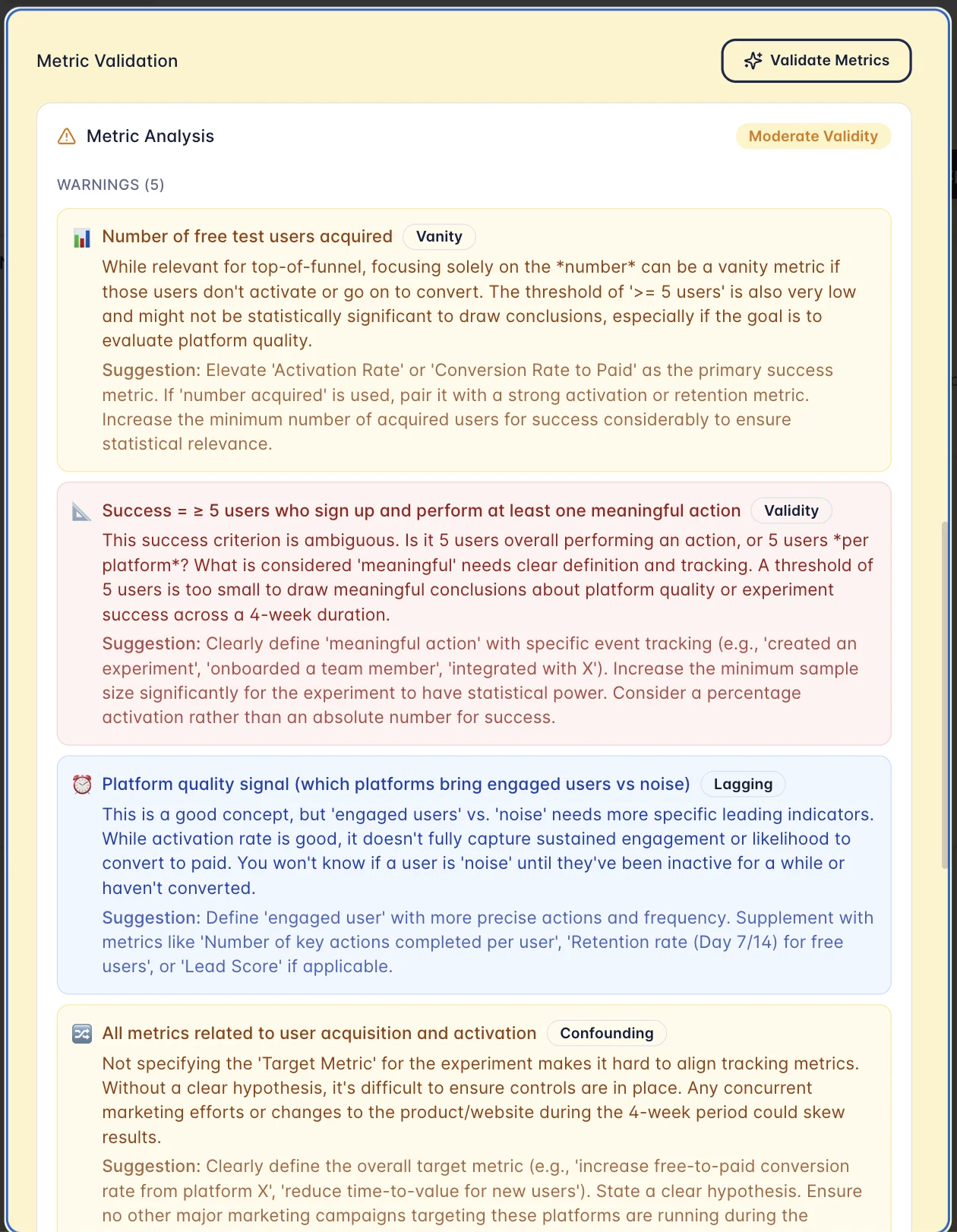 GrowthLab AI metric validation screen flagging lead-quality risk on a landing-page test.