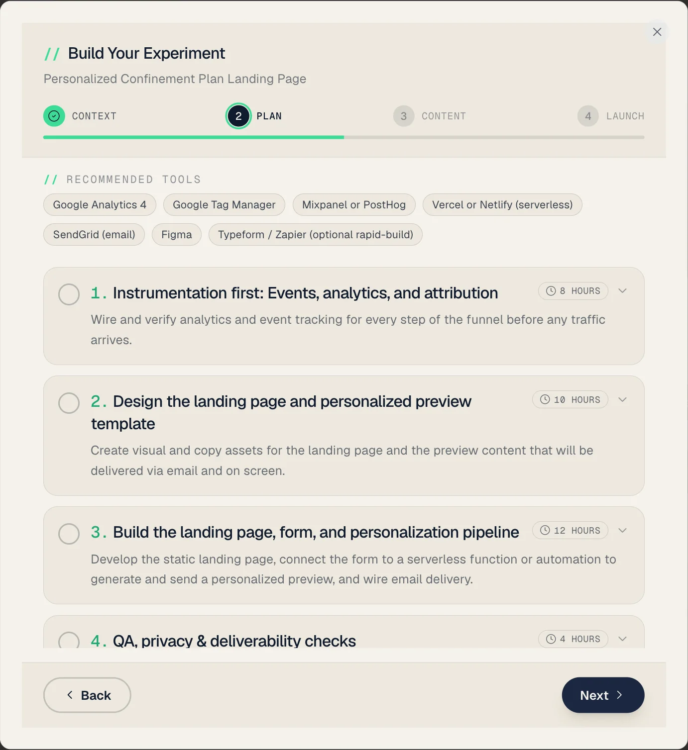 AI-generated execution plan with detailed steps and recommended tools