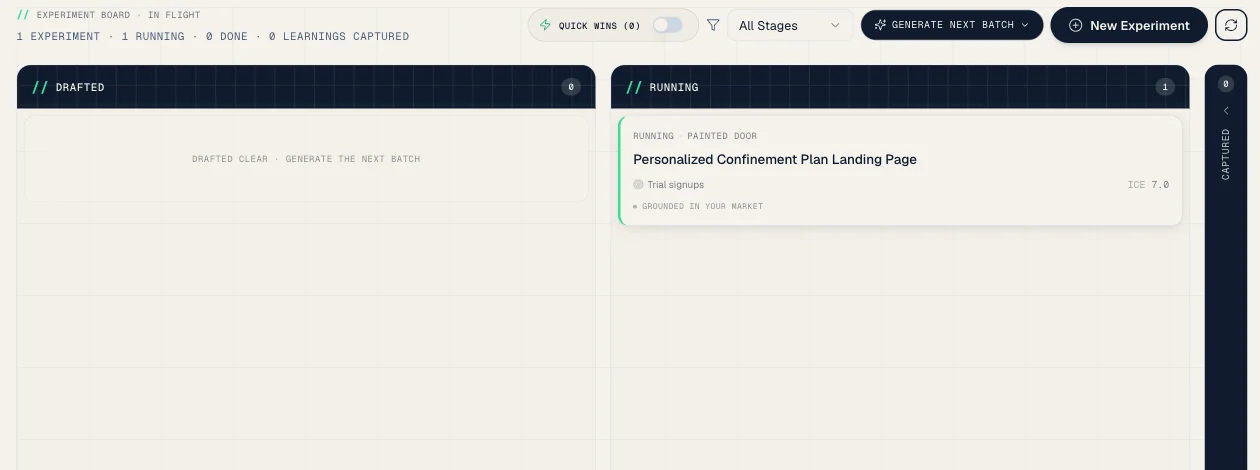 The GrowthLab experiment board with Drafted, Running, and Captured columns
